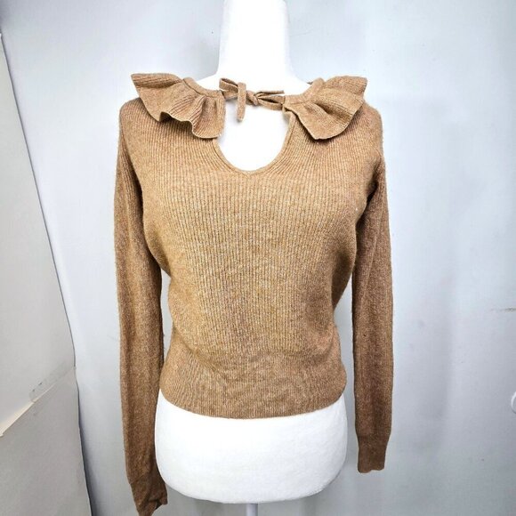 Madewell Merino Wool Alpaca Blend Light Brown Tan Ruffle Sweater - Picture 2 of 8